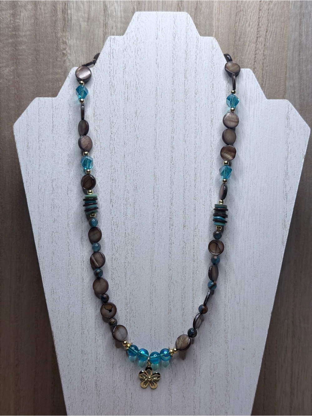 Gold Plated Flower Pendant Aqua Quartz & Mother of Pearl Beaded Necklace